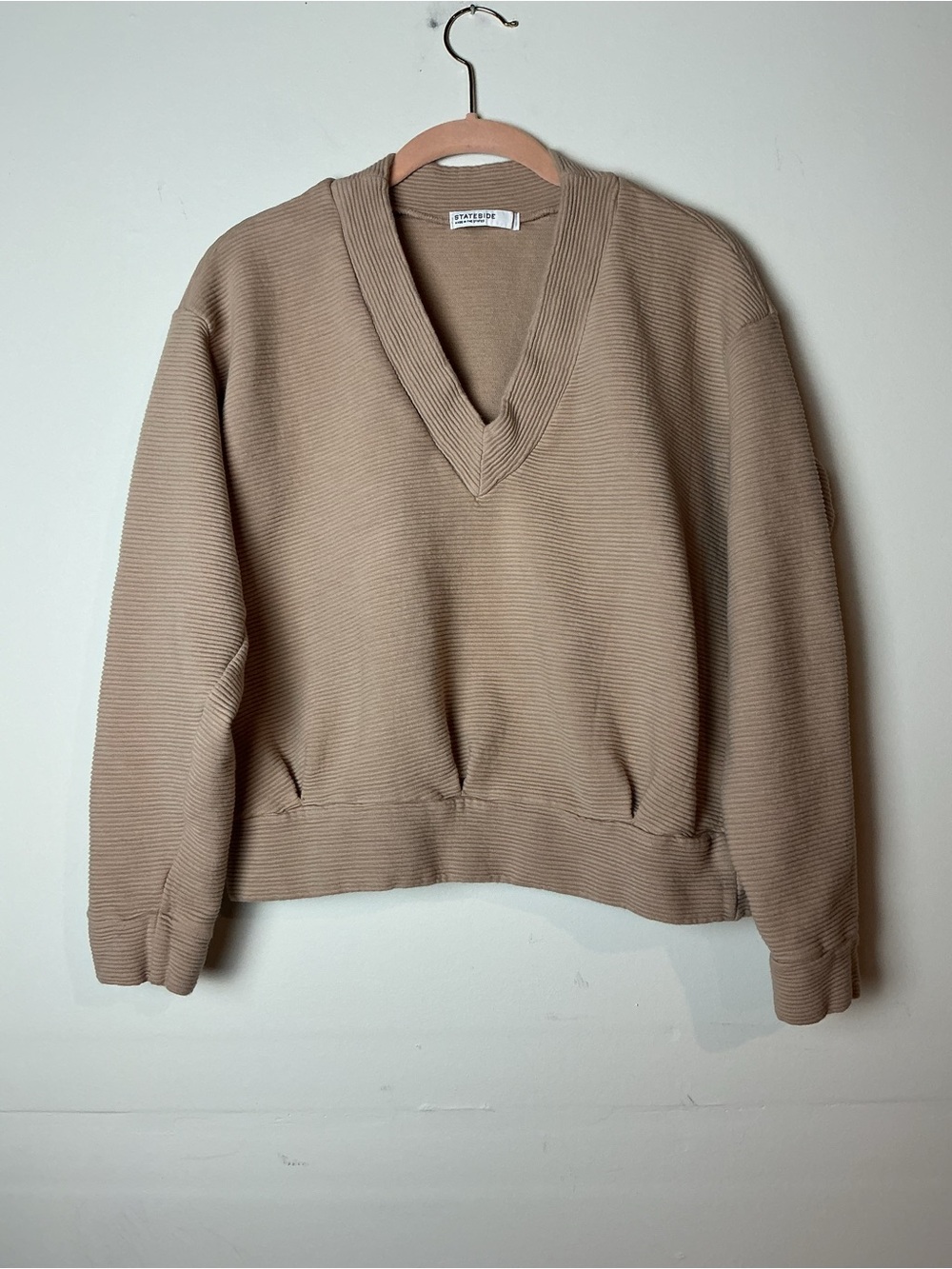 Stateside Cotton Ribbed Knit Slightly Cropped Sweatshirt Taupe Size S